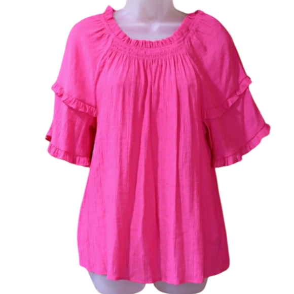 Nanette Lepore Tops - Nanette Lepore Vibrant Pink Ruffled Blouse 3/4 Sleeve Small Boho Chic Top